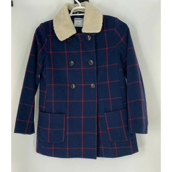 Old Navy Jacket Womens Small Peacoat Buttons Double Breasted Navy Red Plaid Coat - Picture 3 of 9